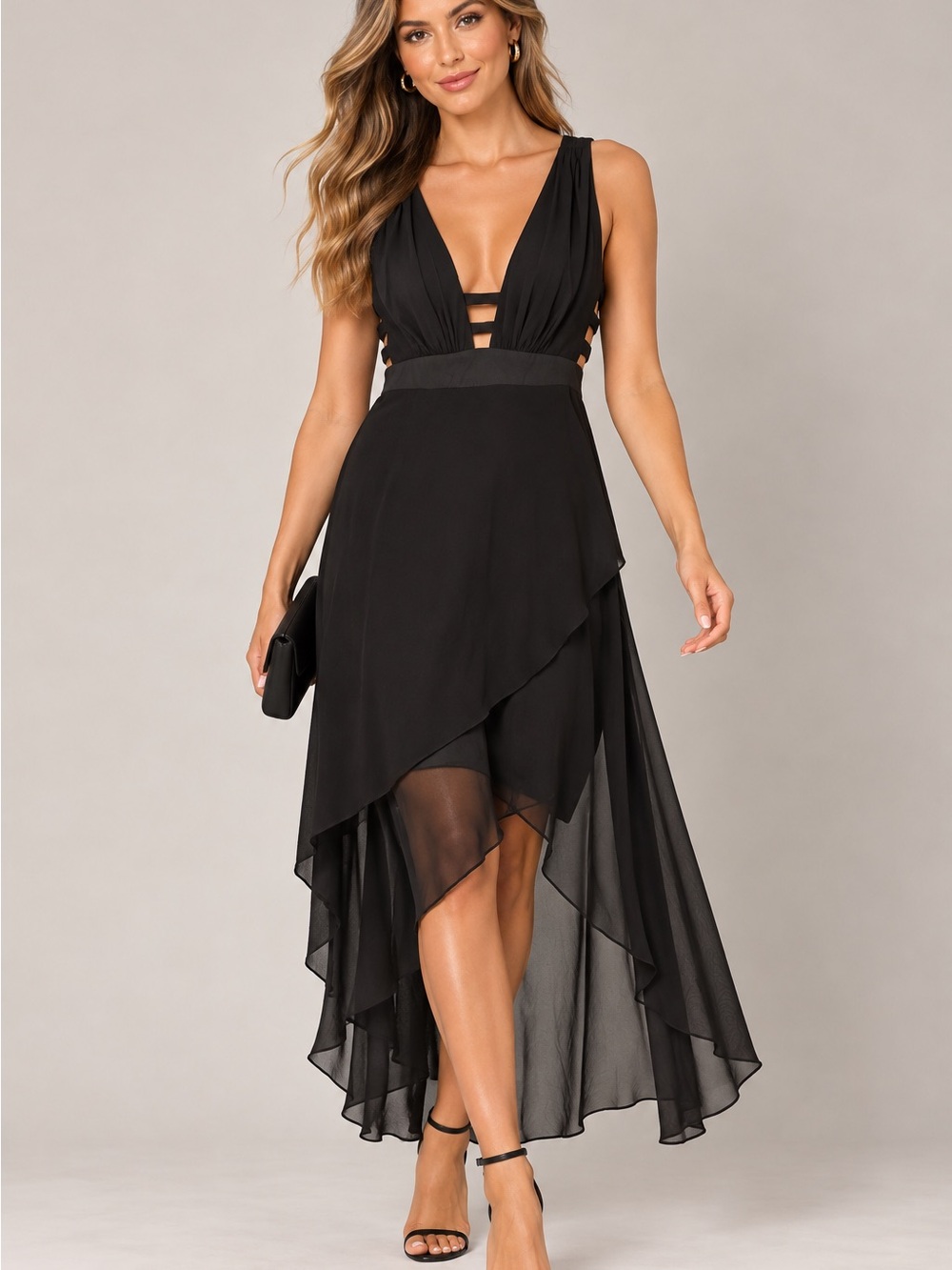 Sleeveless Black High-Low V-Neck DressLayered Chiffon Skirt with side detail